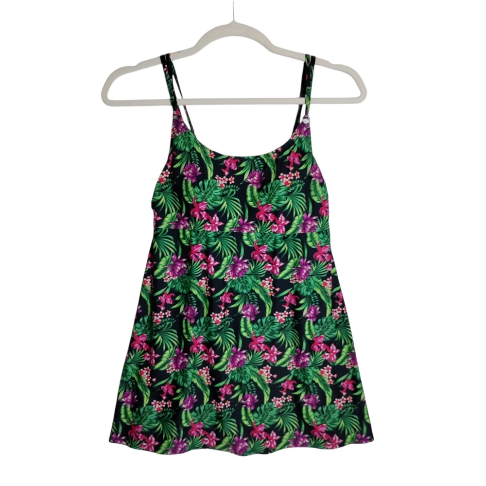 Dreamwave Womens Tropical Floral Palm Print Tankini Swim Top Black Pink Size 12